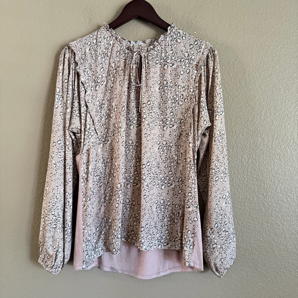 Dolan Soft Pink Animal Print Front Tie Long Sleeve Blouse Size Medium